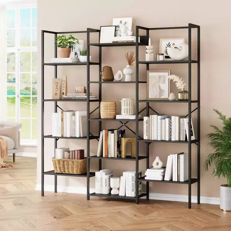 Coolmee Triple Column 5 Tier Industrial Bookshelf, Bookcase with 14 Display Shelves, Modern Wide Large Book Shelf Book Case for Living Room, Home