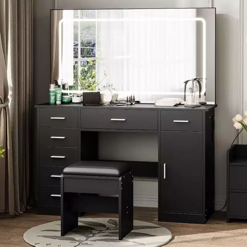 Vanity Desk with Large Mirror and Lights, Makeup Vanity with Power Outlet, 7 Drawers, 3 Lighting Color Adjustable