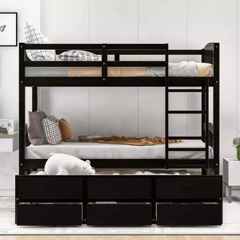 Wood Twin over Twin Bunk Bed with Ladder, Trundle & Drawers