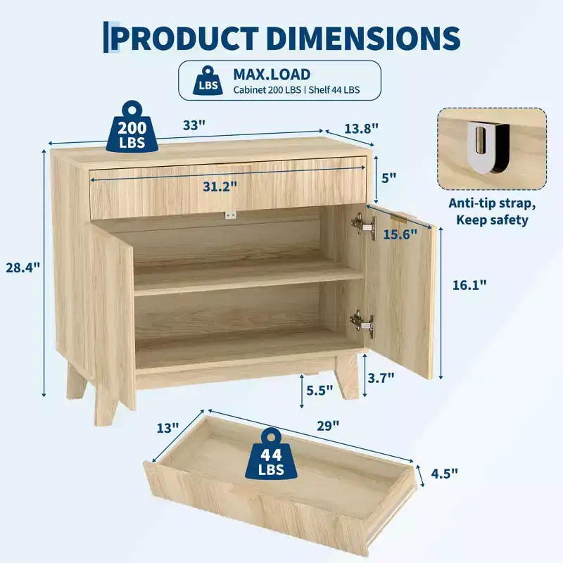 Fluted Storage Buffet Cabinet, Sideboard with Adjustable Shelf and Drawer for Dining, Living Room, Kitchen, Entryway