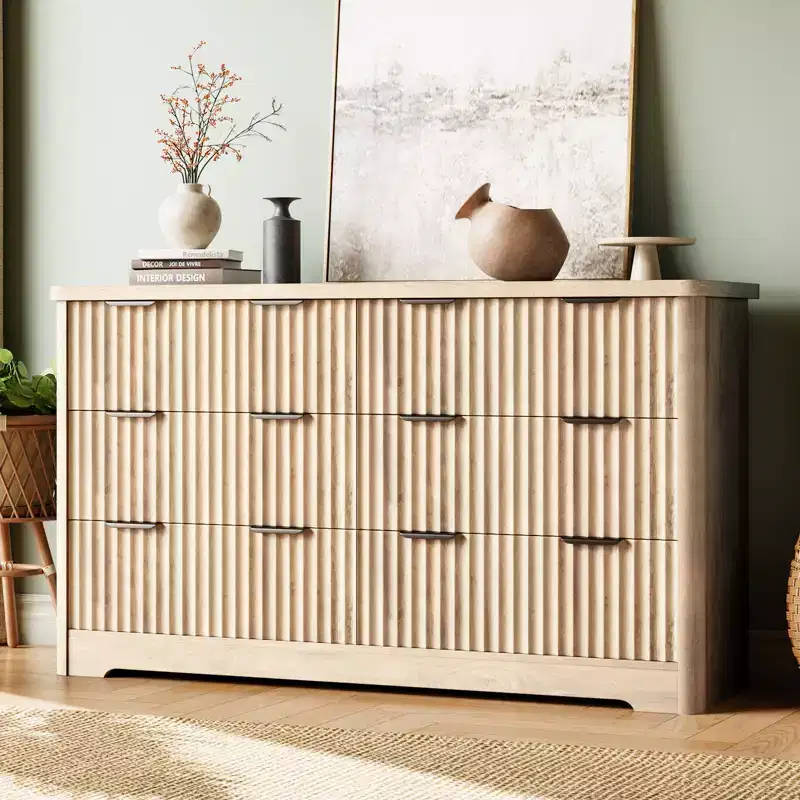 Fluted 6 Drawer Dresser Modern Storage Cabinet with Wide Top Sturdy of Drawers TV Stand Organizer
