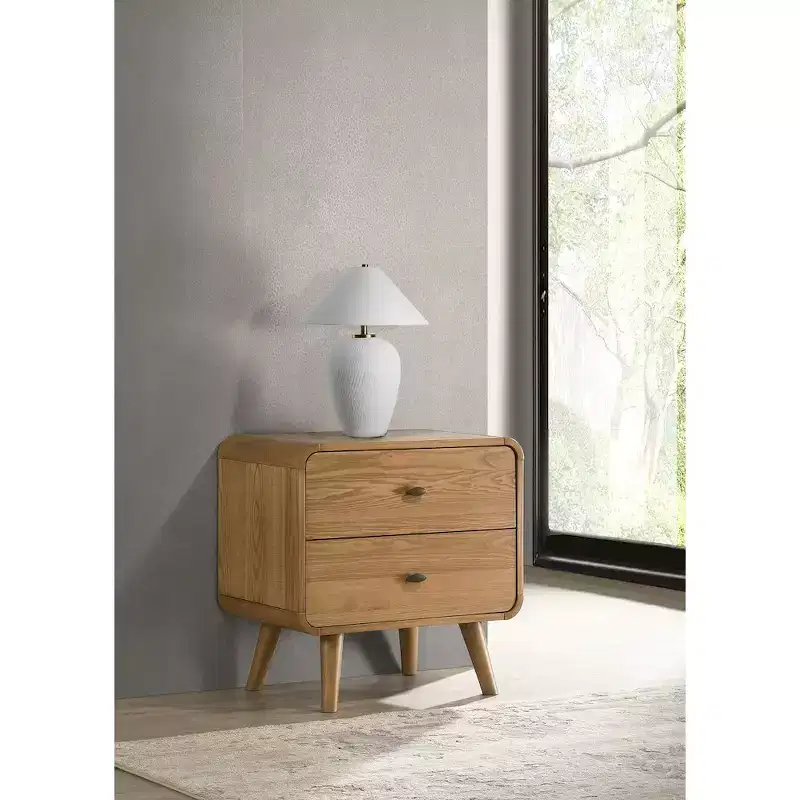 Mid-Century Modern 2-Drawer Nightstand – Pine & Walnut Veneer, USB Ports, Light Ash