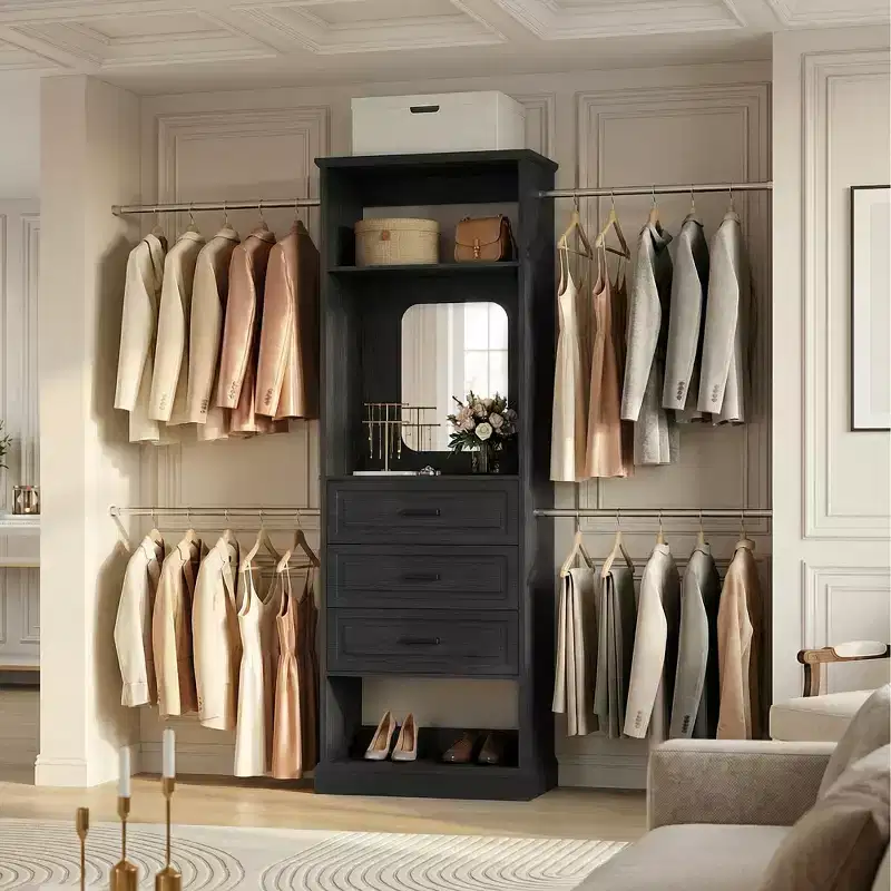 Closet System with 4 Hanging Rods, 3 Drawers and Mirror