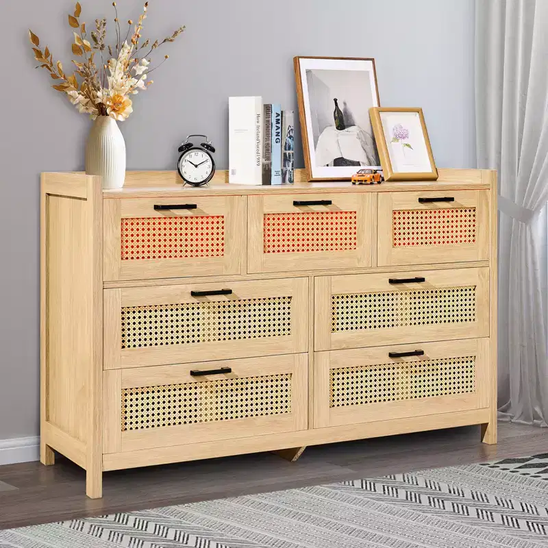 VEVOR 7 Drawer Rattan Dresser, Natural Rattan Wood Dressers with LED Light, Modern Wood Chest Clothing Organizer & Storage Boho Dresser, Wood Color