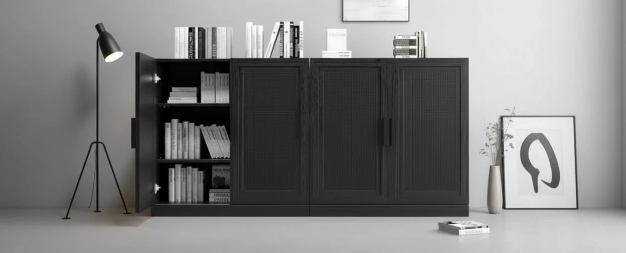 31x62x16 Wood Grain Buffet Cabinet in Black, Storage Organizer with Adjustable Shelves and Rattan Doors for Kitchen Bedroom Living/Dinning Room
