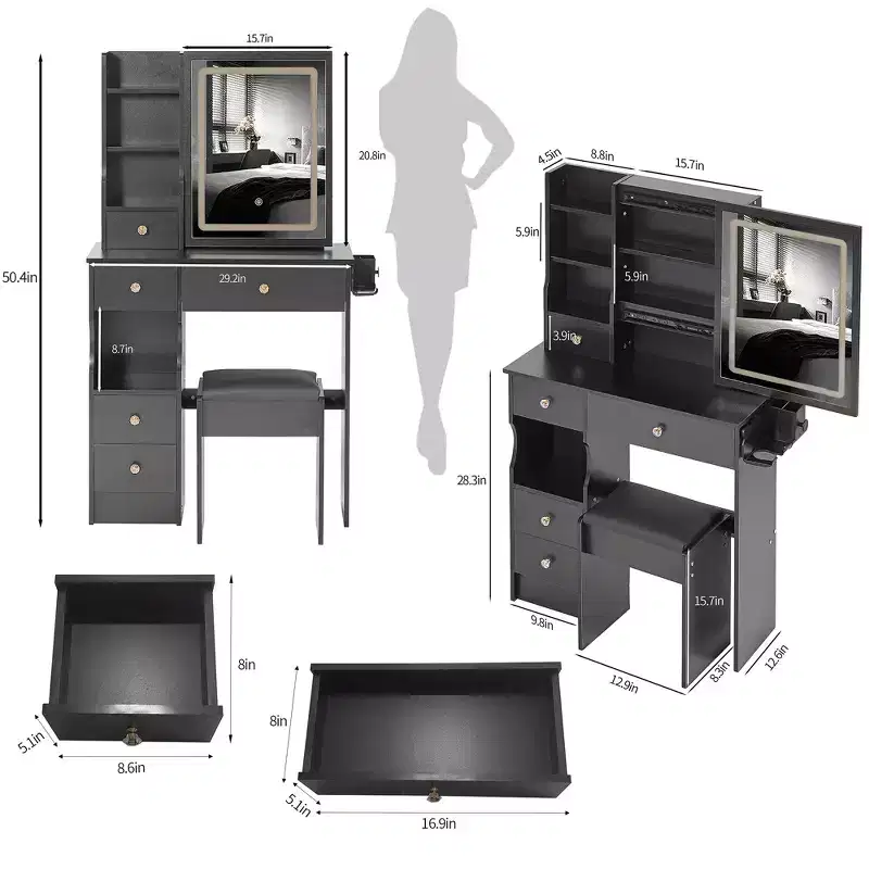Makeup Vanity Desk with Mirror and Lights, Small Makeup Table Set with Drawers & Cabinet, Dressing Table with Stool & Power Outlet for Bedroom