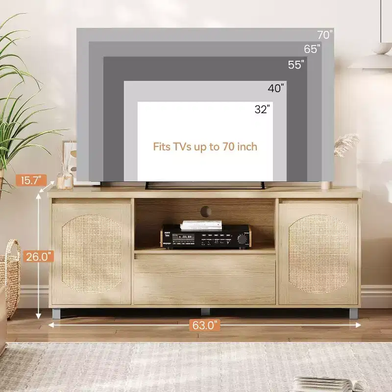 Rattan TV Stand for up to 70 TVs, Boho Entertainment Center with Adjustable Shelf & Storage Drawer, Oak