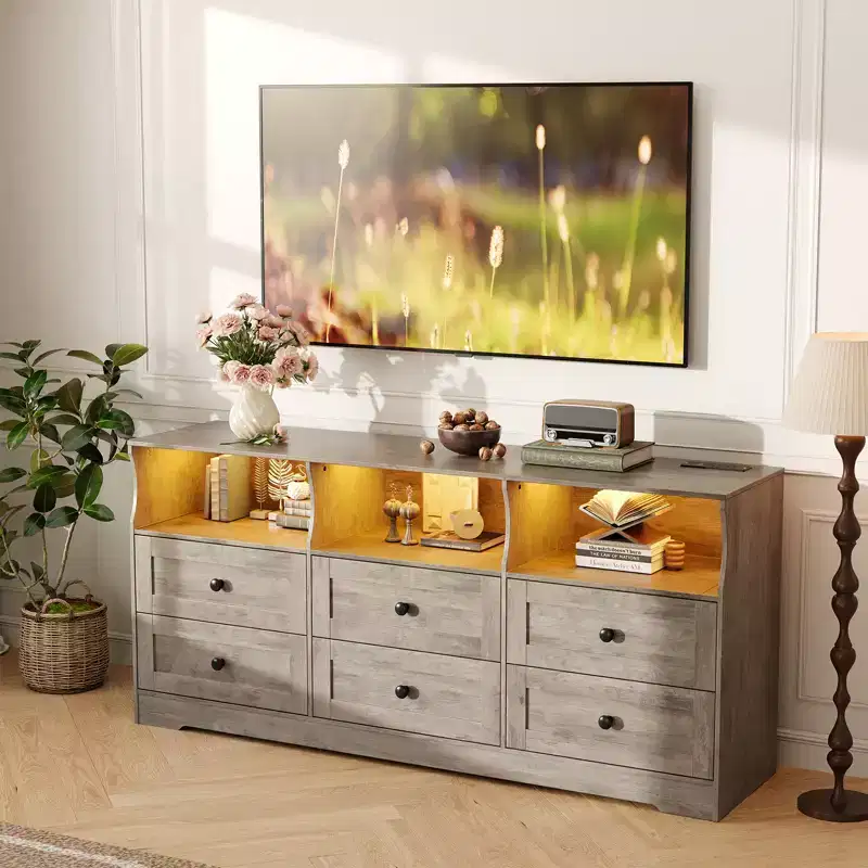 Wood 6-Drawer Dresser TV Stand with Power Outlet & Open Shelves 63''W