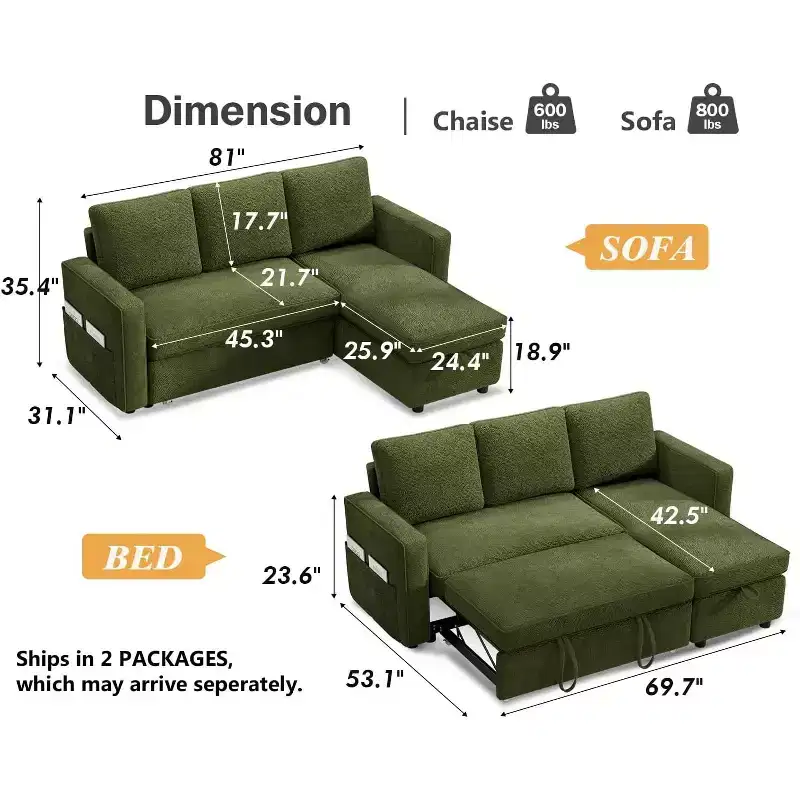 multi-functional sofa bed, pull-out sofa, no tool assembly required, two fabric options available