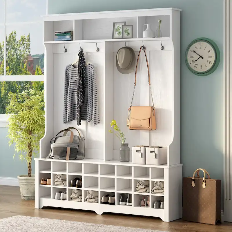 Hallway Coat Rack with Bench, 60-Inch Wide Hall Tree with Storage Shelves, 24 Shoe Cubbies and 6 Hooks, White