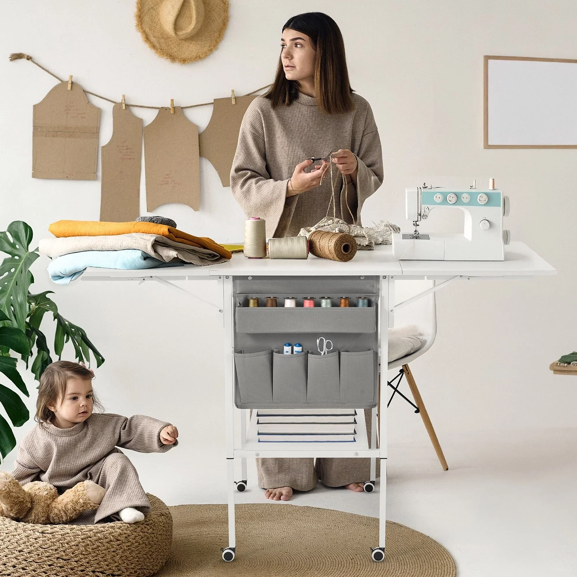 Height Adjustable Craft Table with Storage Shelves, Mobile Folding Cutting Table for Home Office Sewing Room Craft Room