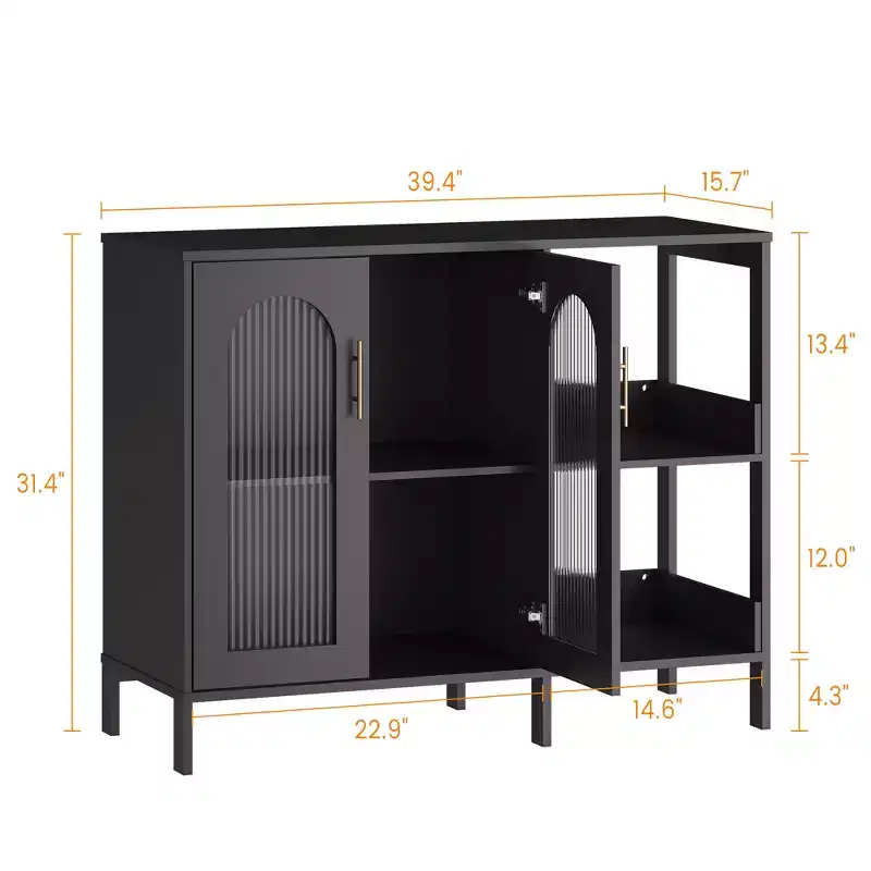 Modern Wooden Buffet Sideboard Cabinet with Glass Doors, Storage Cabinet with Adjustable Shelves for Kitchen, Dining Room & Living Room
