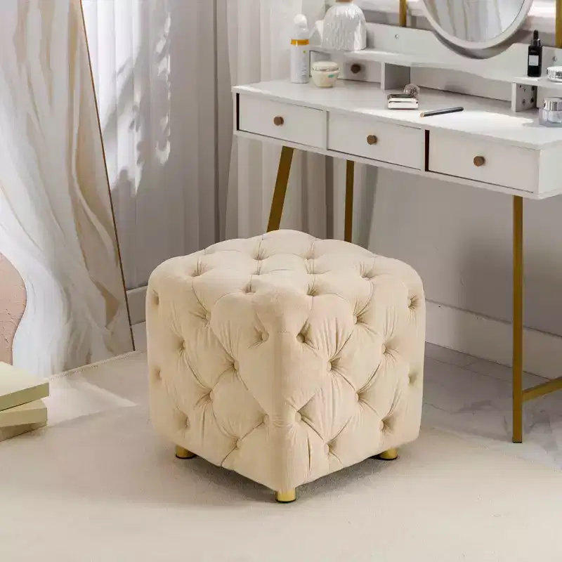 Velvet Upholstered Ottoman, Small End Table Foot Stool Makeup Chair, Living Room Bedroom Entrance, Pink