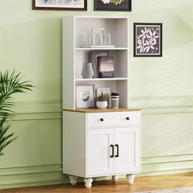 GDFStudio Ming Farmhouse 63H Wooden Tall Storage Cabinet with Adjustable Shelves, Drawer and Doors