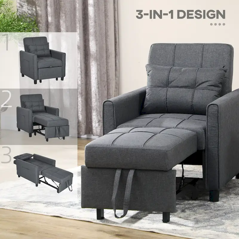 HOMCOM 3-in-1 Convertible Chair Bed, Multi-Functional Single Sofa Bed, Pull Out Sleeper Chair with Adjustable Backrest, Pillow