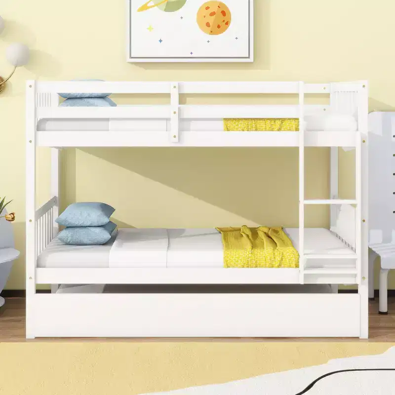 Twin Rubber Wood Bunk Bed with Trundle Twin Bunk Bed with Ladder and Safety Guardrails White