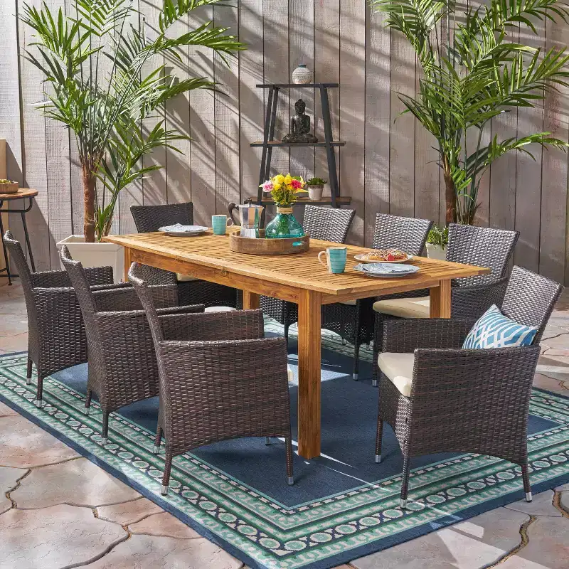 GDFStudio Aloha Outdoor Acacia Wood and Wicker 9 Piece Expandable Dining Set, Sandblasted Natural/Multibrown
