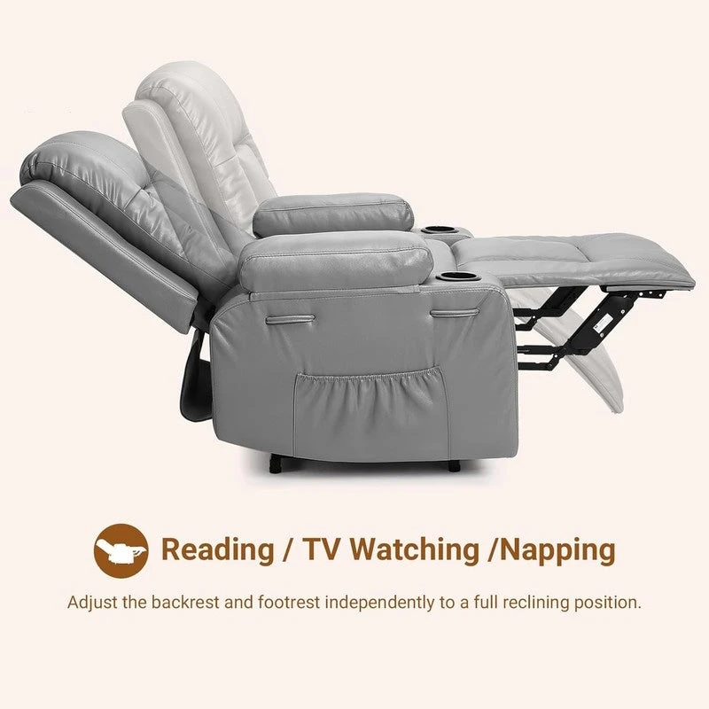 Power lift recliner chair with massage, cup holders, and side pocket.