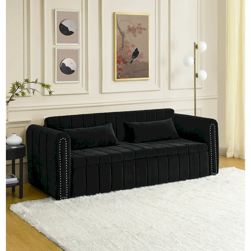 Modern 68 Foam 3 in 1 Pull-Out 3-seaters Bed Sleeper Sofa with Copper Nails and Two Drawers