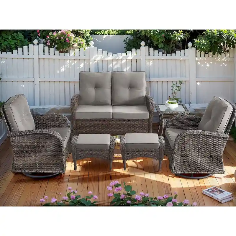 Patio Glider Sofa and Swivel Chair with Ottoman - Brown