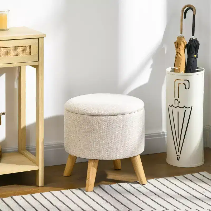 Round Ottoman Stool with Storage, Linen Fabric Upholstered Foot Stool with Padded Seat