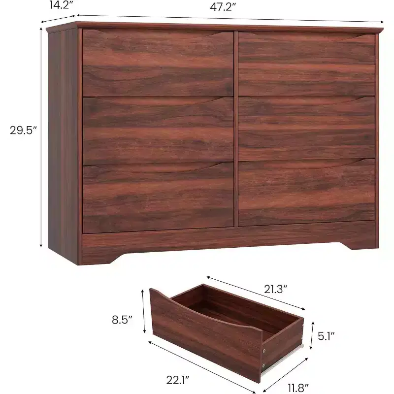 Modern Wooden Storage Dresser with 6 Drawers for Bedroom, Living Room, Hallway, Brown