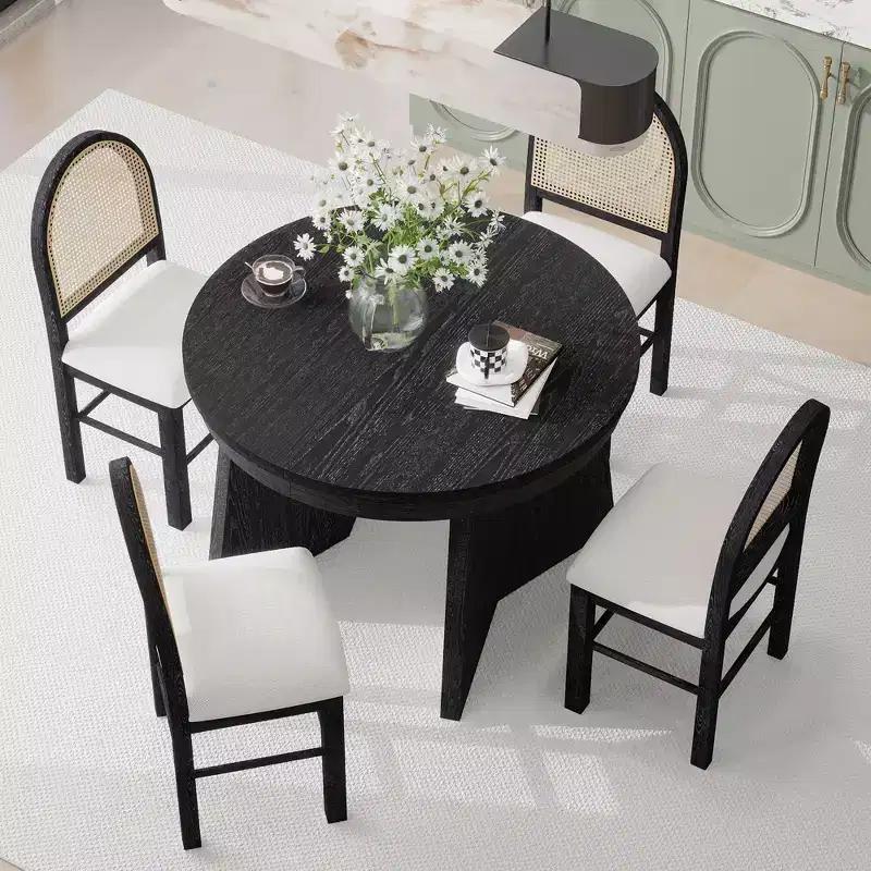 GDFStudio Harper 5 Piece Dining Set with Extendable Table and Upholstered Rattan-Back Chairs