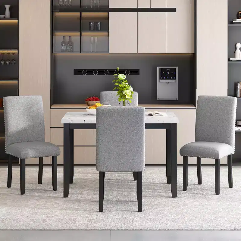 5-Piece Dining Table Set Dining Set with Faux Marble Dining Table, 4 Thicken Cushion Dining Chairs, Gray/White-ModernLuxe