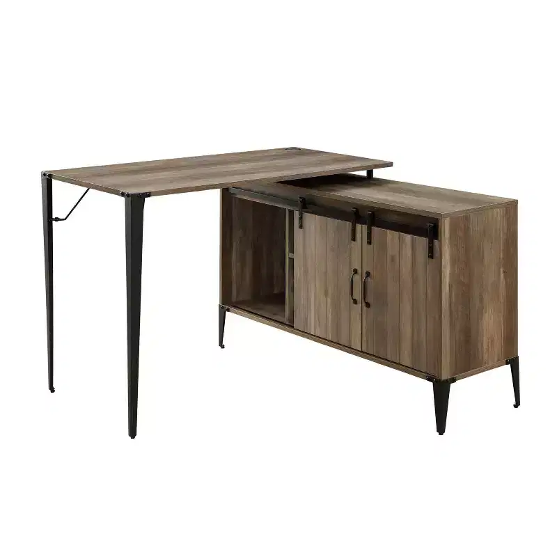 TUYOHW L-Shape Writing Desk with Side Cabinet,Sliding Barn Door,Industrial Desk with Storage Compartments,Cable Hole,Computer Desk for Office