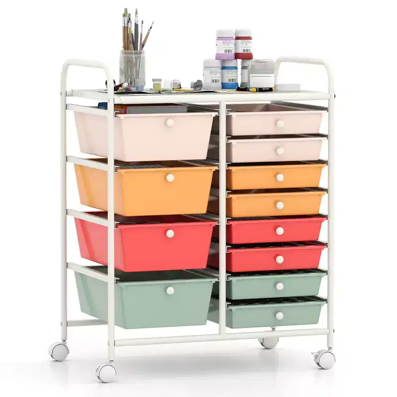 Costway 12-Drawer Rolling Storage Cart with Removable Drawers & Lockable Casters for Office Macaron Multicolor