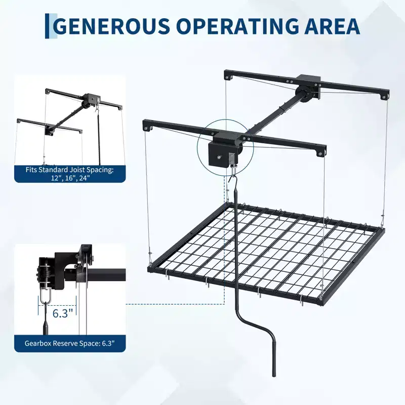 Adjustable Heavy-Duty Overhead Garage Storage Rack, Ceiling-Mounted with Safety Lock, 250 lb Capacity for Bins, Tools, Bikes, and Garage