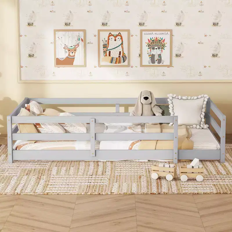 Okak Bed Frame Twin/Full Size,Modern Low Profile Toddler Bed with Safety Rails, Solid Wood Frame for Kids Bedroom