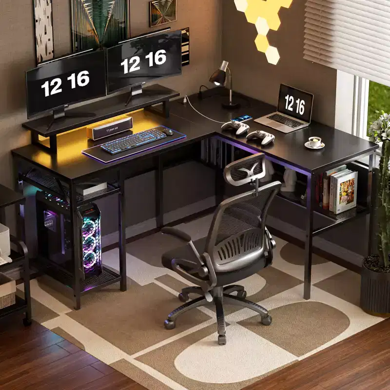 Besiost L Shape Desk with Charging Station, Computer Corner Desk with LED Light and Open Storage Shlves
