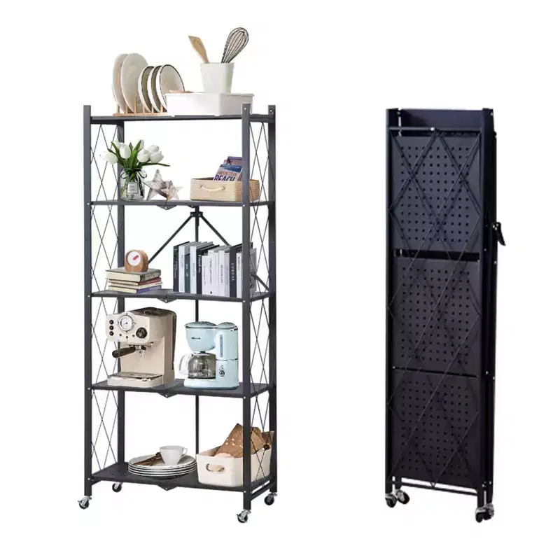 5 Tier Storage Shelf with Wheels Metal Collapsible Shelving Unit Display, No Assembly Organizer Rack for Garage Kitchen Basement Pantry