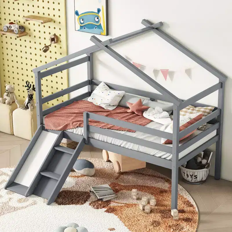 Bellemave Twin Loft Bed with Slide and Ladder, House Loft Bed for Kids,Wood Loft Bed, for Boys Girls, Gray