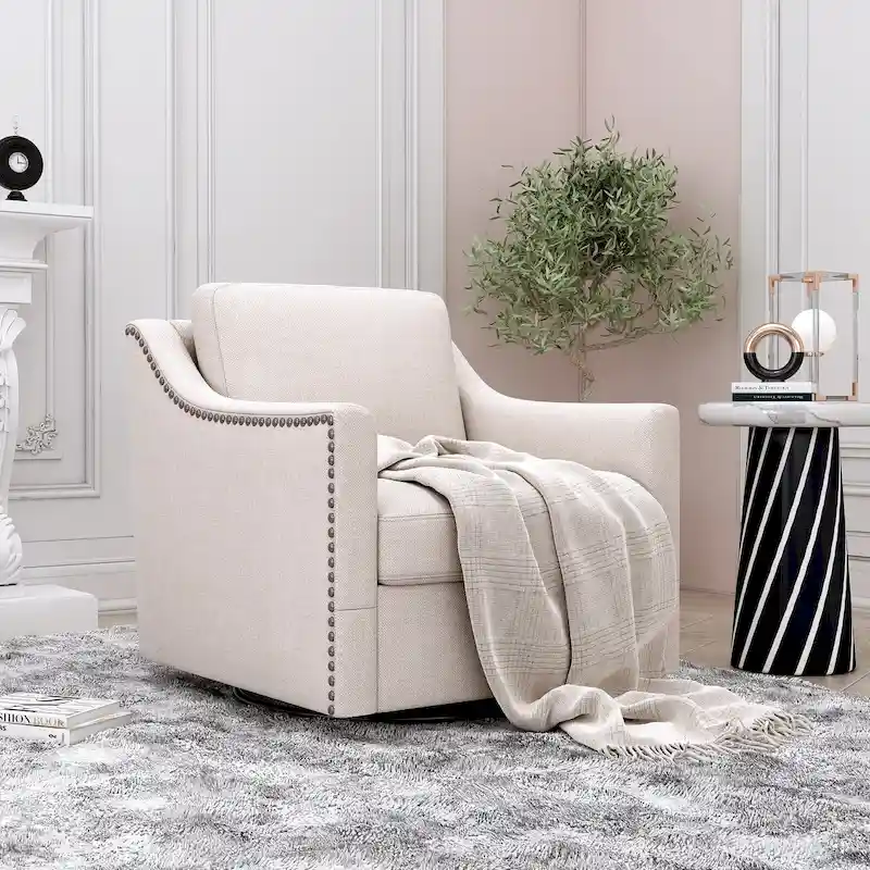 Roomfitters 360 Degree Swivel Armchair with Ergonomic Design and Brass Nail Decoration, White