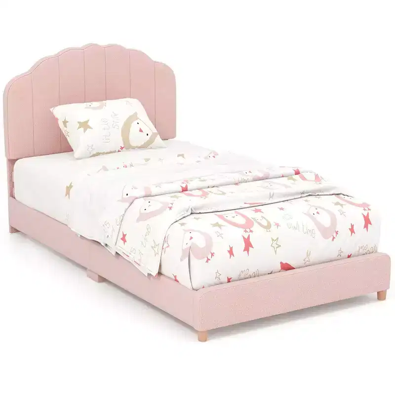 Kids Twin Platform Bed Frame Upholstered Twin Size Bed with Wooden Slats Support