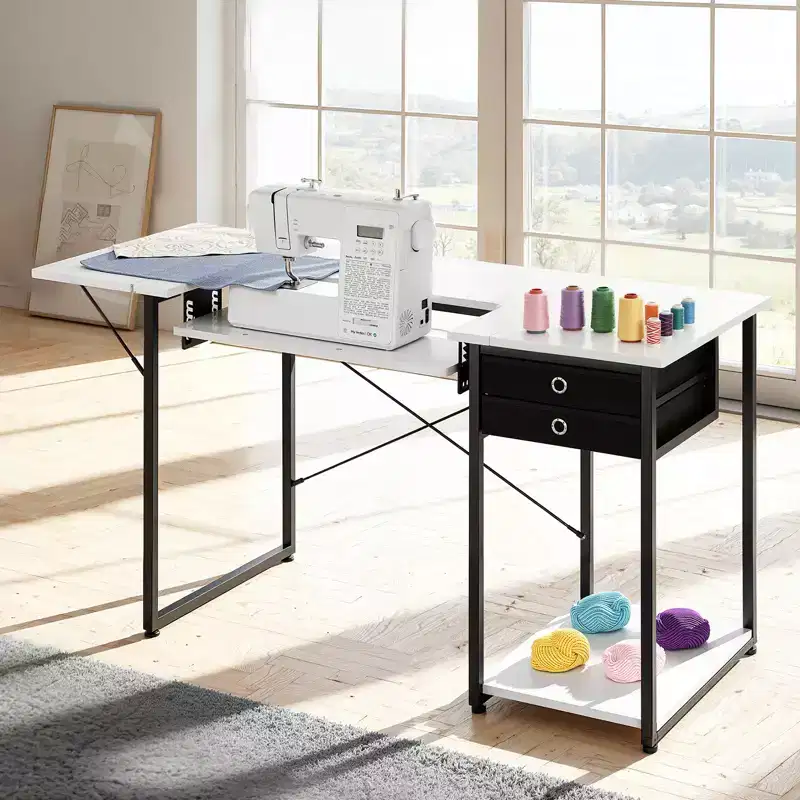Multipurpose Sewing Machine Table with Drawers, Foldable Side Shelf, Adjustable Shelf, Steel Legs, White