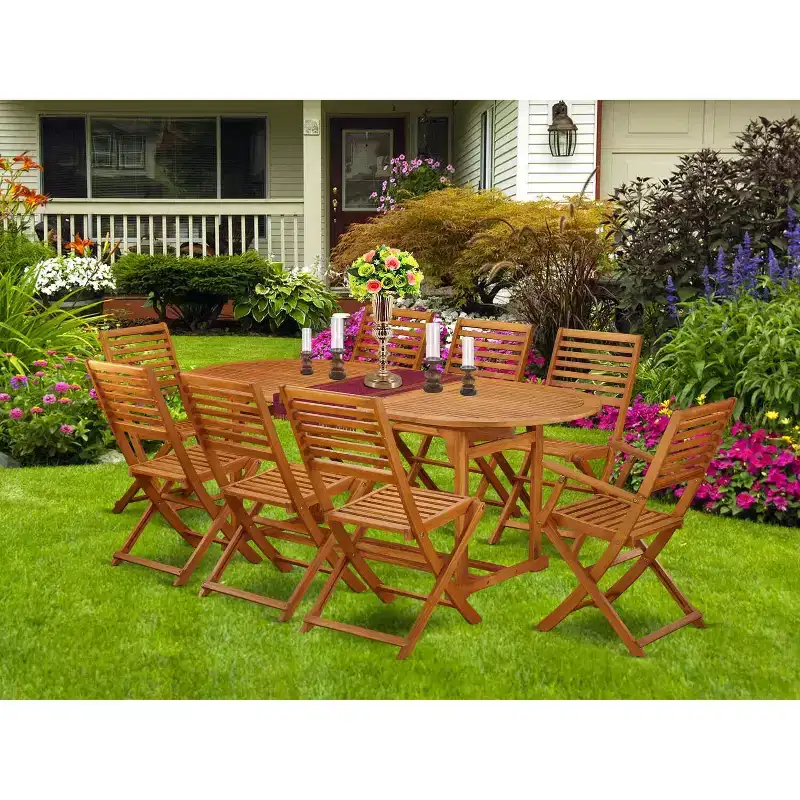 HomeStock 9-Piece Natural Oak Finish Solid Wood Top Dining Table with 8 Chairs