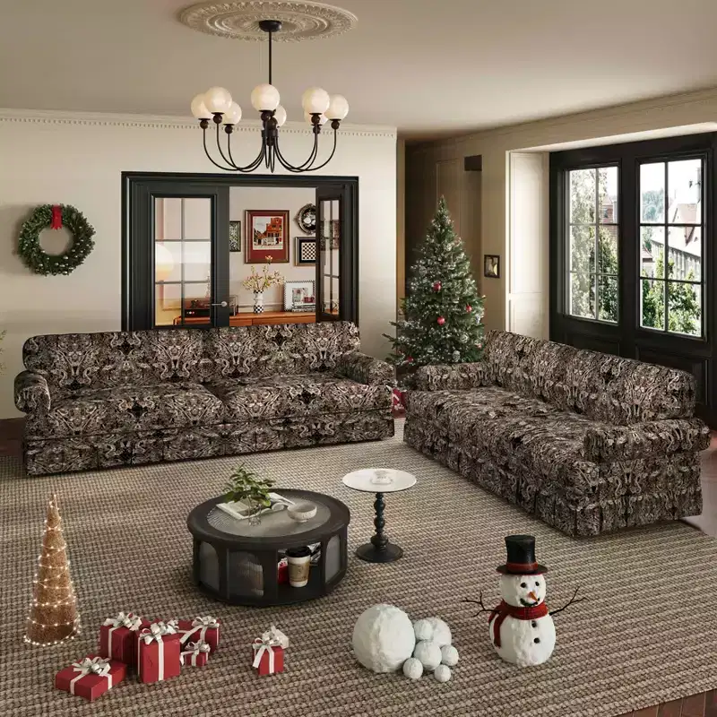 74-Inch 3-Seater Upholstered Sofa with Rolled Arms and Pleated Skirt, Black Floral