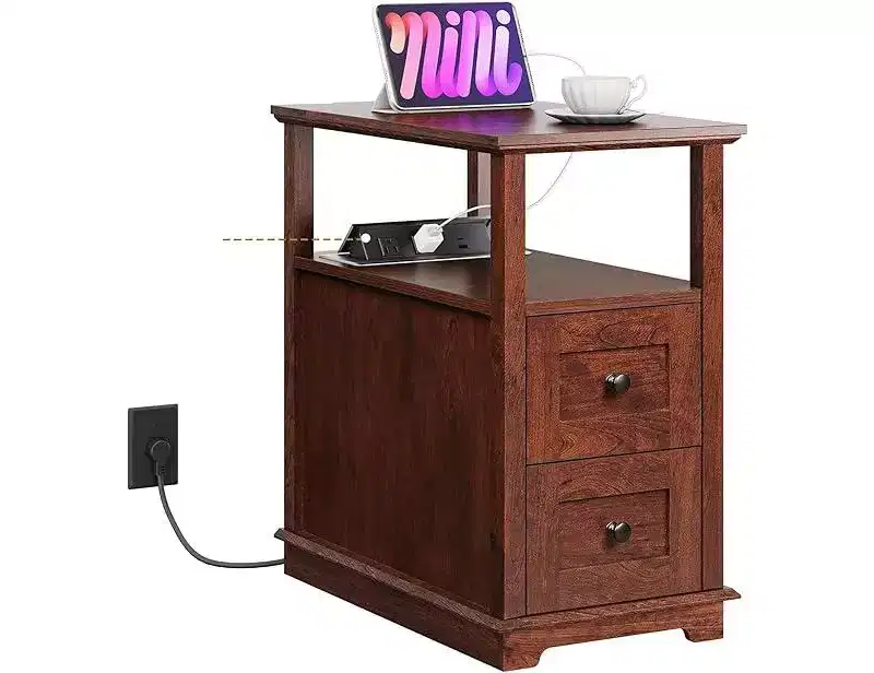 DEXYLLO Narrow Side Table with Charging Station, Wooden End Table with 2 Drawers, End Tables Living Room, Bedroom, Small Space