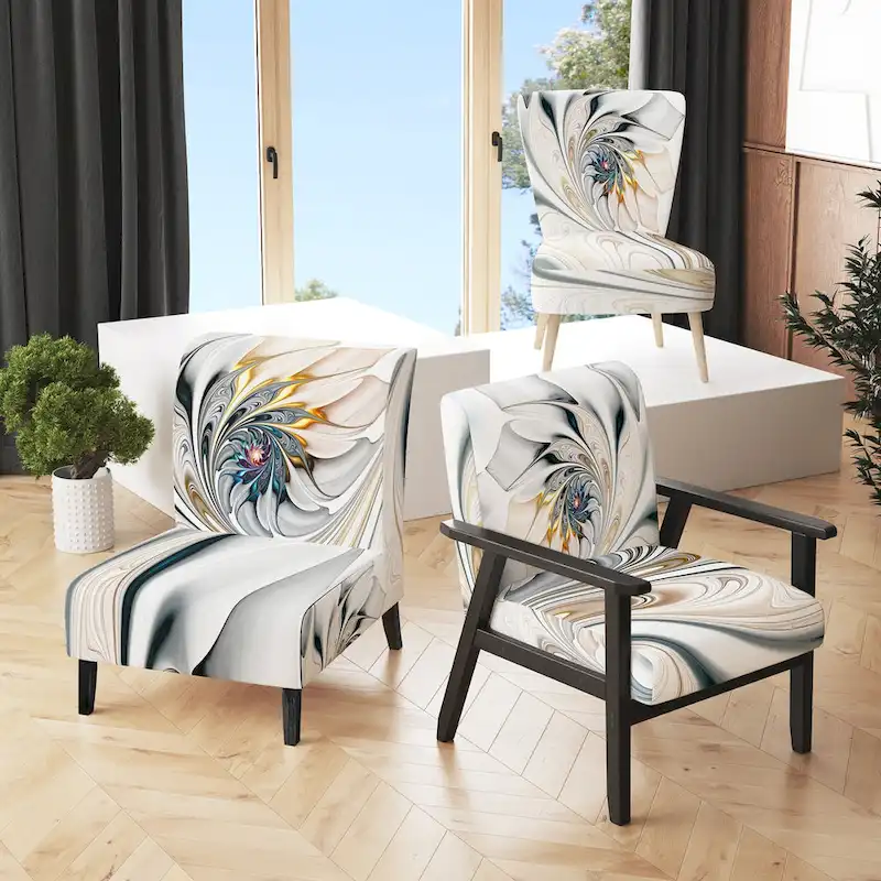 White Stained Glass Floral Upholstered Accent Chair – Rubberwood Frame