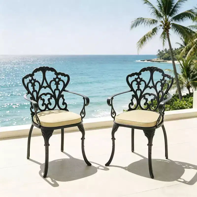 Set of 2 Cast Aluminum Patio Dining Chairs, Black Rust Resistant Frame with Water Resistant Cushions