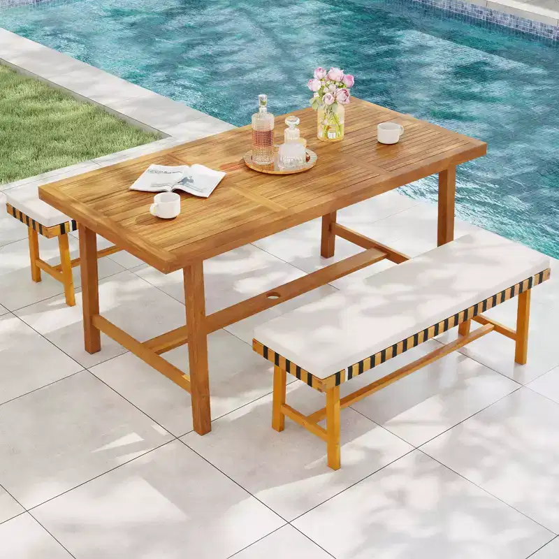 Gymax 3-Piece Patio Dining Set Rectangular Table & 2 Benches w/1.97 Umbrella Hole