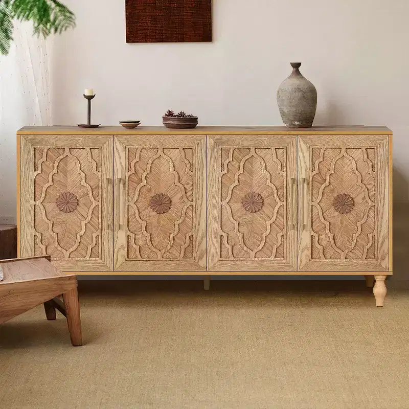 Okak Storage Cabinet with Carved Flower Door, Entryway Cabinet with Metal Handle Sideboard Cabinet for Living Room