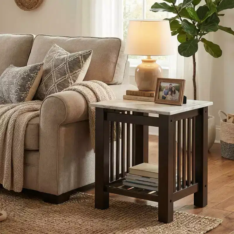 Mason Modern Wood Contemporary End Table with Faux Marble Top