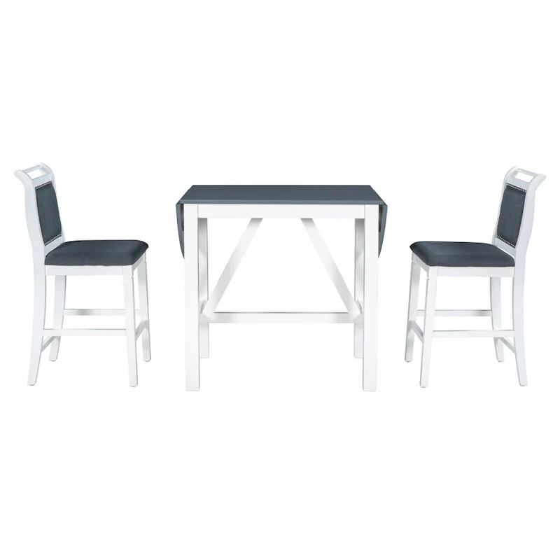 White 3-Piece Wooden Counter Height Dining Table Set with Drop Leaf Table & 2 Chairs