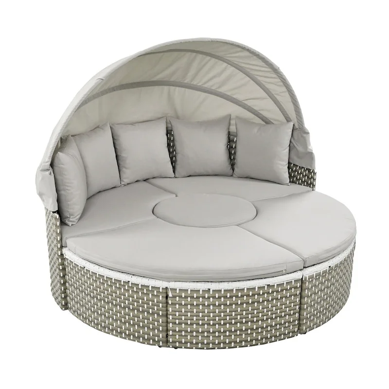 Patio Furniture, Round Outdoor Sectional Sofa Set, Rattan Daybed with Retractable Canopy, Removable Cushion