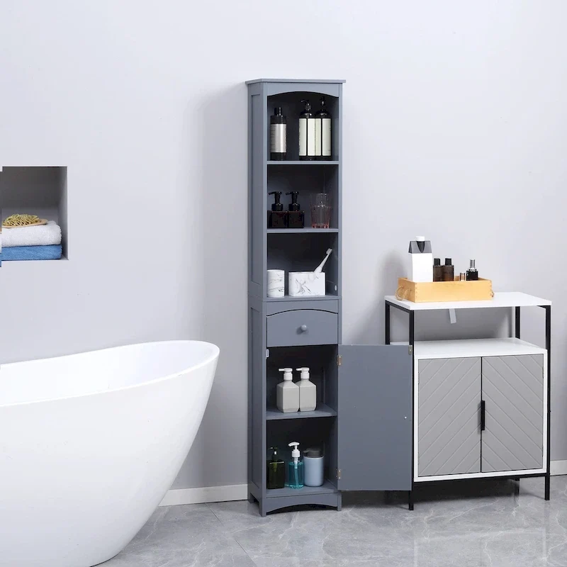 HOMCOM Bathroom Storage Cabinet, Free Standing Bath Storage Unit, Tall Linen Tower with 3-Tier Shelves and Drawer, Brown