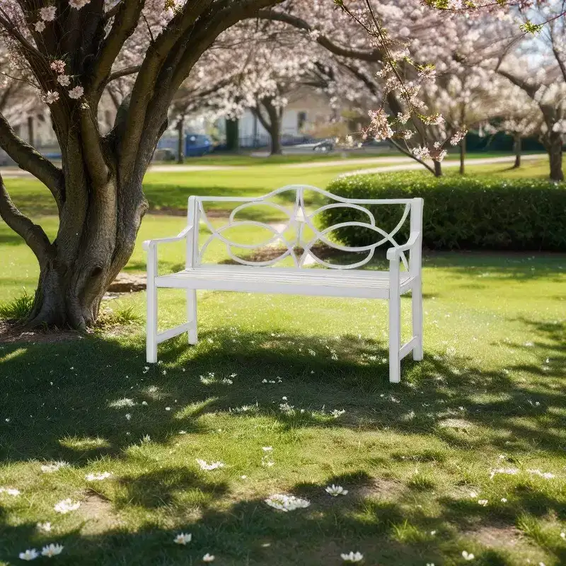 Outdoor Garden Bench Patio Seat Park Bench Armchair with Durable Metal Frame, White - ModernLuxe